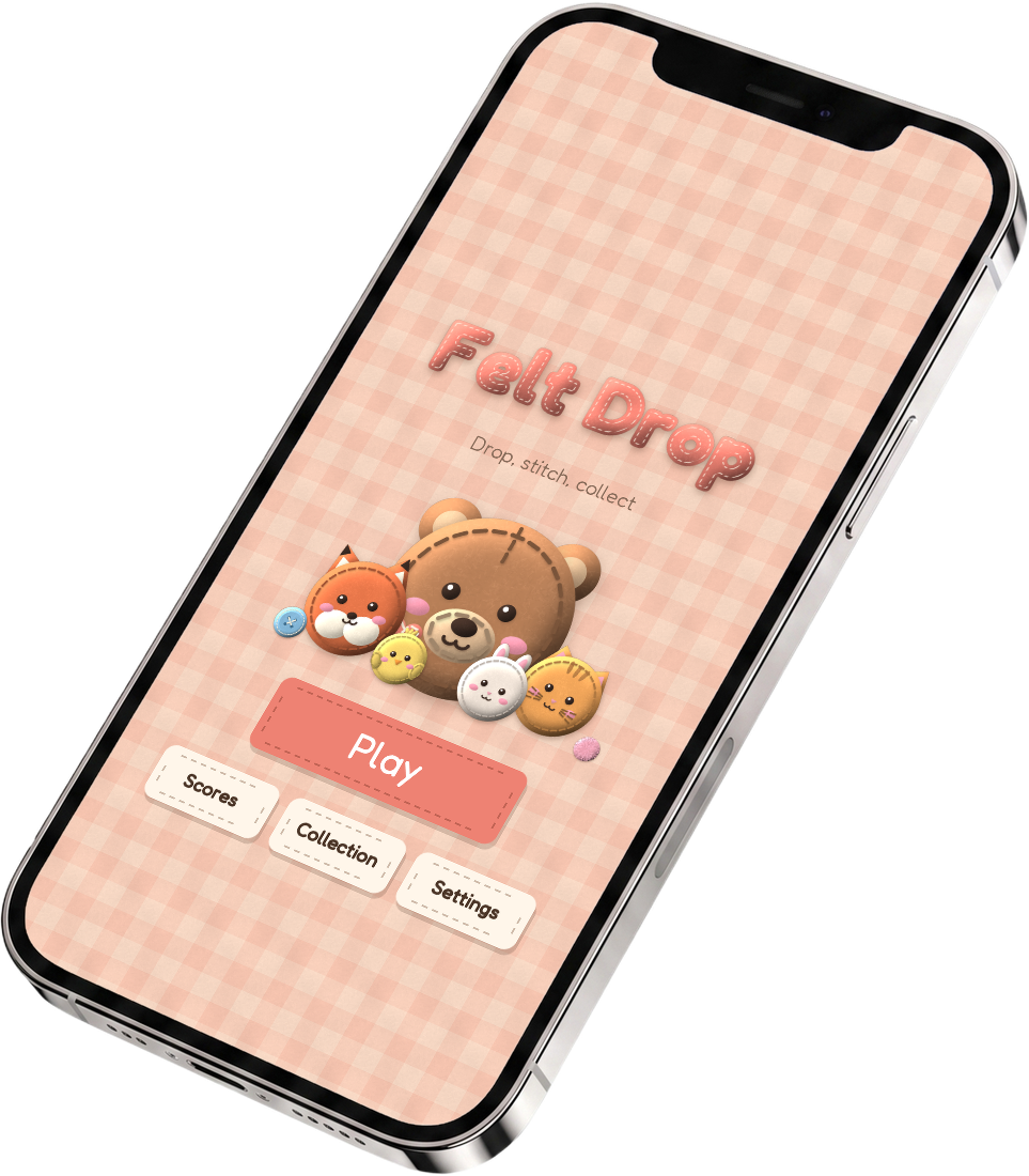The Felt Drop start screen, a felt bear with its plush friends on a gingham cloth, on a phone