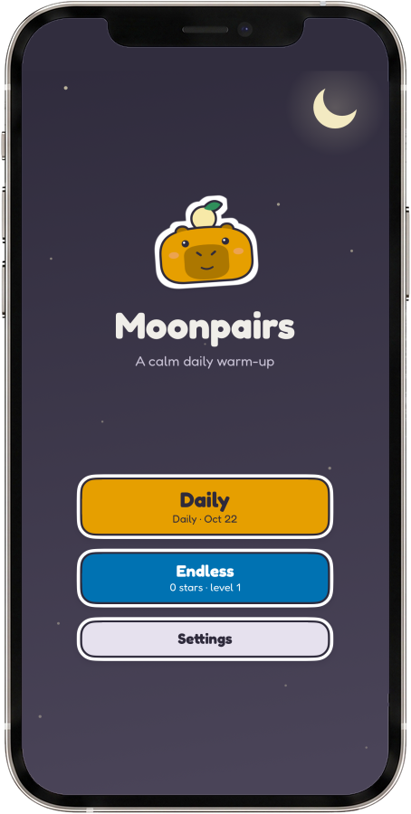 The Moonpairs start screen, with the Daily, Endless and Settings buttons, on a phone