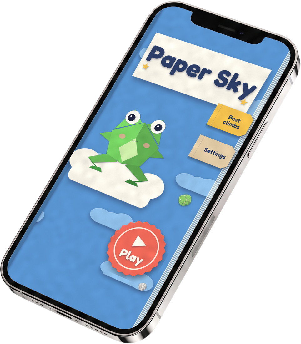 The Paper Sky start screen, a pop-up book cover with an origami frog, on a phone
