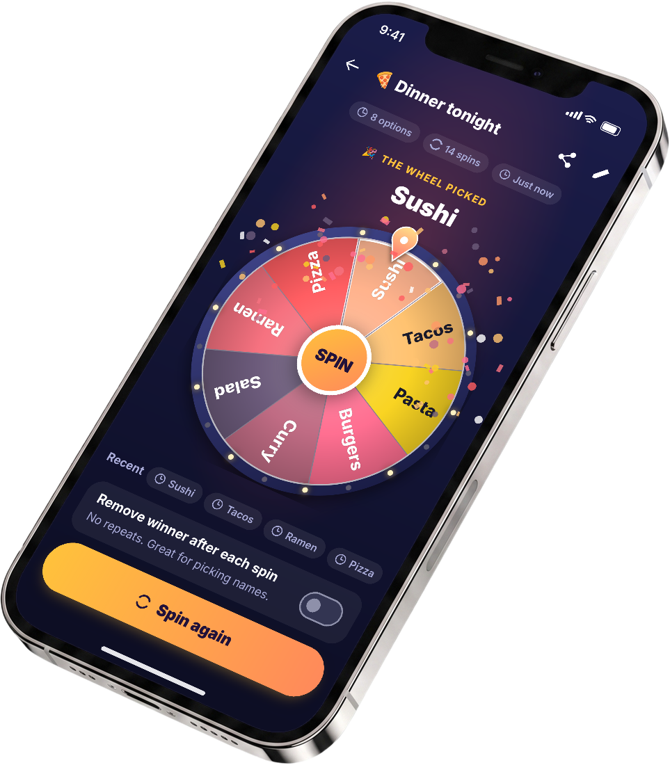 Pickeroo spinning a dinner wheel that picked Sushi, with confetti, on a phone