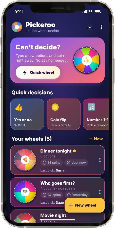 The Pickeroo home screen with quick decisions and saved wheels, on a phone